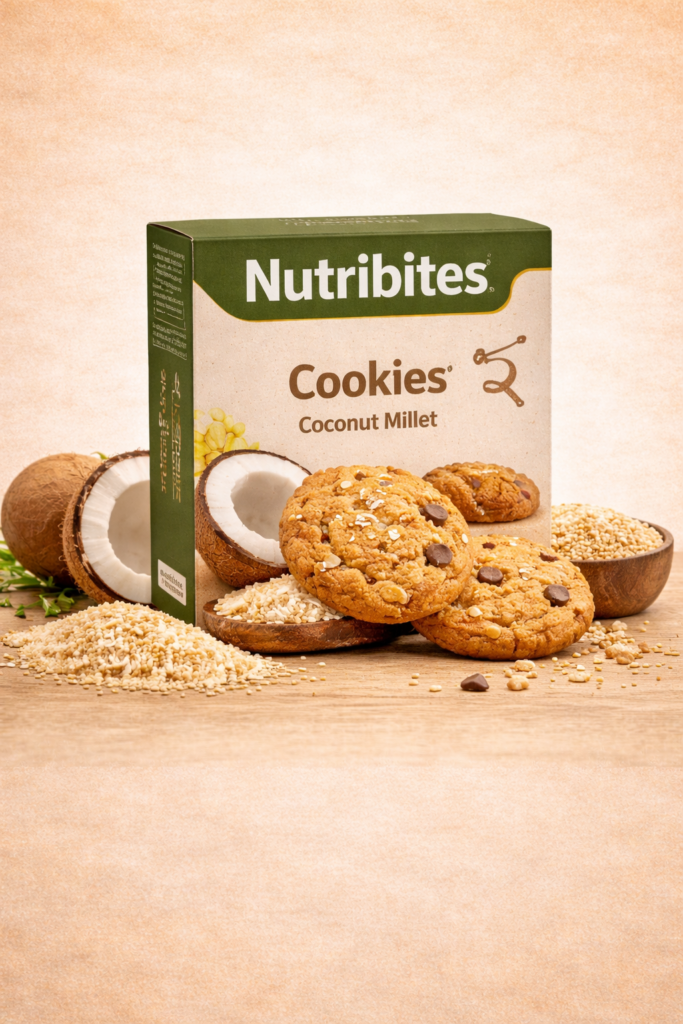 Nutribites Coconut Millet Cookies made with coconut and millets, healthy cookie pack