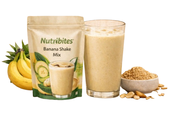Nutribites Banana Shake Premix with fresh banana shake, nutritious and delicious